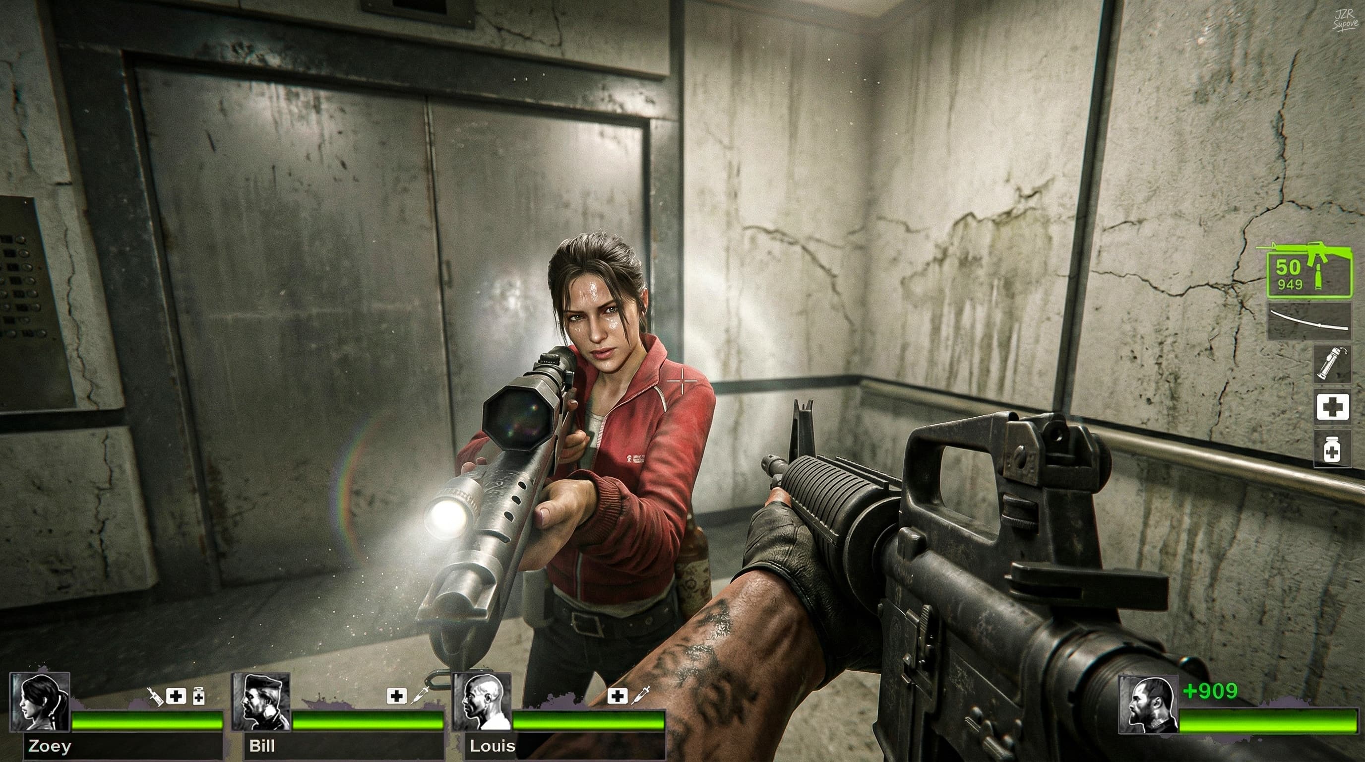 In the elevator with my side chick Zoey